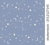 Seamless vector pattern featuring planets, stars, and constellations against a soft blue background. Ideal for cosmic-themed designs, wallpaper, textiles, and stationery.