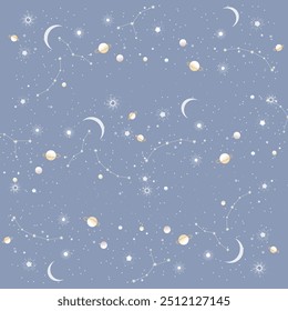 Seamless vector pattern featuring planets, stars, and constellations against a soft blue background. Ideal for cosmic-themed designs, wallpaper, textiles, and stationery.