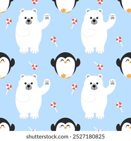 Seamless vector pattern featuring playful polar bears, penguins, and candy canes in a fun, cartoon style. Perfect for winter-themed designs, holiday decor, gift wrap, and children's textiles.