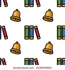 Seamless vector pattern featuring a playful arrangement of school bells and colorful books, ideal for educational backgrounds or childrens products.