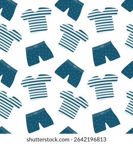 Seamless vector pattern featuring playful striped shirts and shorts on a clean white background.