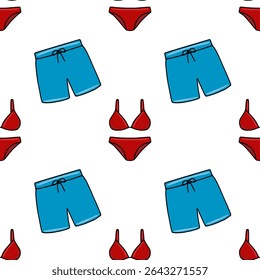 Seamless vector pattern featuring a playful arrangement of red bikinis and turquoise swim trunks, creating a vibrant summer beach vibe.