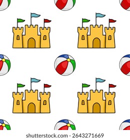 Seamless vector pattern featuring playful sandcastles with flags and colorful beach balls, creating a cheerful summer vibe ideal for kids products or beach-themed designs.