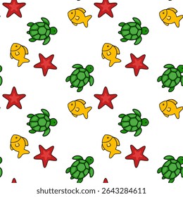 Seamless vector pattern featuring playful cartoon turtles, goldfish, and starfish on a white background, creating a vibrant and cheerful underwater scene.