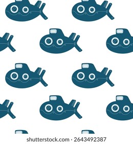 Seamless vector pattern featuring playful submarines on a clean white background, perfect for maritime-themed designs