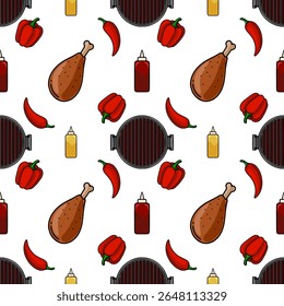 Seamless vector pattern featuring a playful arrangement of barbecue grill, chicken legs, red bell peppers, and chili peppers, complemented by ketchup and mustard bottles, creating a vibrant and app...