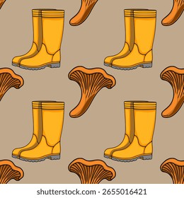 Seamless vector pattern featuring a playful illustration of yellow rubber boots and chanterelle mushrooms, creating a cheerful autumnal design ideal for various applications.
