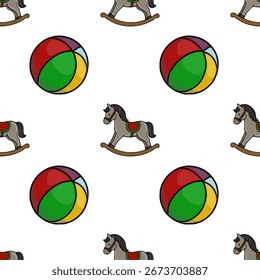 Padrão de vetor sem emenda com um arranjo divertido de cavalos de balanço e bolas de praia multicoloridas, criando um design alegre e vibrante ideal para produtos infantis ou impressões têxteis.