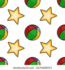 Seamless vector pattern featuring playful multicolored balls and bright yellow stars, ideal for childrens textile, wrapping paper, or vibrant background designs.
