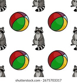 Padrão de vetor contínuo com guaxinins brincalhões e bolas de praia coloridas, criando um design alegre e vibrante ideal para produtos infantis ou projetos com tema de verão.