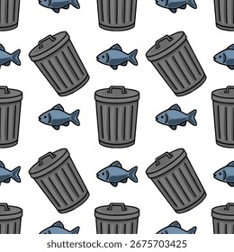Seamless vector pattern featuring a playful juxtaposition of grey trash cans and stylized blue fish, creating a quirky and repeating design ideal for various applications.