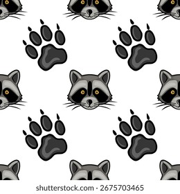 Seamless vector pattern featuring playful raccoon faces and paw prints, a charming design in grayscale with vibrant yellow eyes, perfect for kids apparel or whimsical backgrounds.