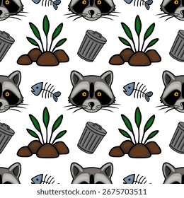 Padrão de vetor contínuo com faces de guaxinim divertidas, latas de lixo, ossos de peixe e arbustos verdes, criando um design peculiar e encantador ideal para várias aplicações.