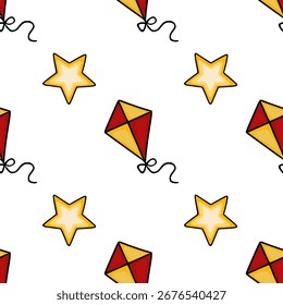 Padrão de vetor sem costura com pipas divertidas e estrelas em vermelho vibrante e ouro, perfeito para desenhos têxteis ou festivos das crianças.