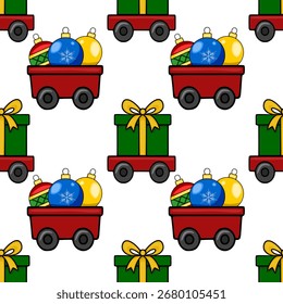 Seamless vector pattern featuring a playful Christmas train carrying festive ornaments and gifts, designed in a cheerful cartoon style with bold colors and simple lines.
