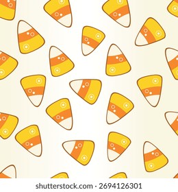 A seamless vector pattern featuring playful candy corn pieces in yellow, orange, and white on a soft cream background. Perfect for Halloween designs, packaging, and festive decor.