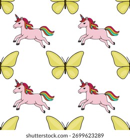 Padrão de vetor sem emenda com unicórnios rosa lúdico com crinas e caudas arco-íris, intercalados com borboletas amarelas brilhantes em um fundo branco limpo.