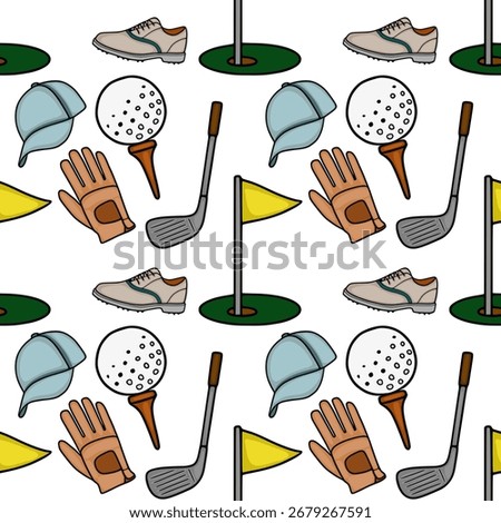 Seamless vector pattern featuring a playful illustration of golf equipment, including golf balls, clubs, shoes, gloves, and hats, set against a white background.