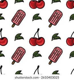 A seamless vector pattern featuring popsicles, cherries, and green leaves on a white background. The popsicles are pink with a wooden stick, while the cherries are bright red with green leaves.