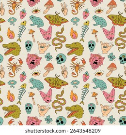 Seamless vector pattern featuring primitive doodle style illustrations with psychedelic elements in a retro colour palette. Images of skulls, animals, hearts, snakes, mushrooms, eyes, scorpion, toad