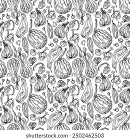 Seamless vector pattern featuring pumpkins of various shapes in a graphic style. The pattern is designed for packaging, kitchen textiles, website design, greeting cards, backpacks, and tote bags