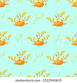 A seamless vector pattern featuring pumpkins with cranberry branches in a 3D style. Ideal for Thanksgiving-themed designs, home decor, textiles, and seasonal products, adding a warm, festive touch.
