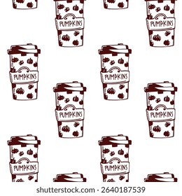 Seamless vector pattern featuring pumpkin-themed beverage cups for autumn celebrations and seasonal events