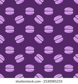 A seamless vector pattern featuring purple macarons on a matching purple background. The monochromatic and elegant design is perfect for packaging, fabric prints, wallpapers, and bakery-themed decor.