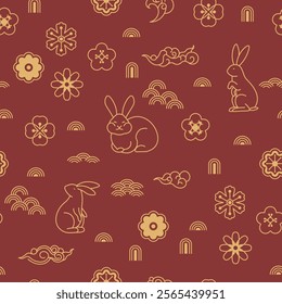 Seamless vector pattern featuring rabbits, flowers, and clouds in a traditional Chinese style, designed on a red background, ideal for festive decor and crafts.