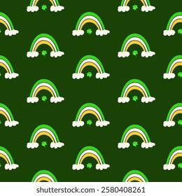 A seamless vector pattern featuring a rainbow in orange, white, and green colors, alongside clovers, set against a dark green background. Perfect for St. Patrick's Day or nature-themed designs.