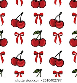 A seamless vector pattern featuring red cherries and red bows on a white background. The cherries are depicted with green leaves, while the bows are simple and elegant.