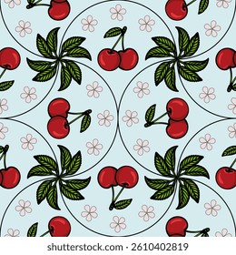 A seamless vector pattern featuring red cherries, green leaves, and small pink flowers on a light blue background. The design is playful and vibrant, suitable for textiles or wallpapers.