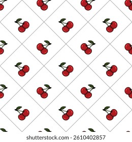 A seamless vector pattern featuring red cherries with green leaves on a white background. The cherries are illustrated in a playful and vibrant style, creating a cheerful design.