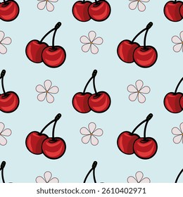 A seamless vector pattern featuring red cherries and light pink flowers on a soft blue background. The cherries are depicted in pairs with green stems, creating a playful and vibrant design.
