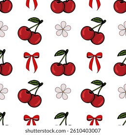 A seamless vector pattern featuring red cherries, green leaves, and decorative red bows on a white background. The design includes small flower shapes, creating a playful and cheerful aesthetic.