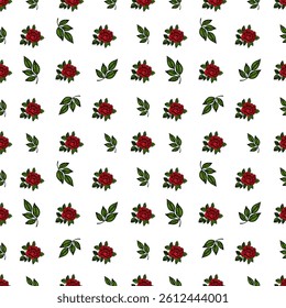 A seamless vector pattern featuring red roses and green leaves on a white background. The design is vibrant and floral, suitable for textiles or wallpapers.