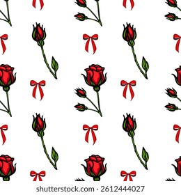 A seamless vector pattern featuring red roses and red bows on a white background. The design includes both blooming roses and rose buds, creating a romantic and festive feel.