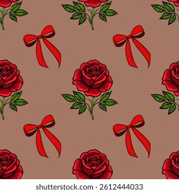 A seamless vector pattern featuring red roses and red bows on a brown background. The roses are detailed with green leaves, creating a vibrant and romantic design.