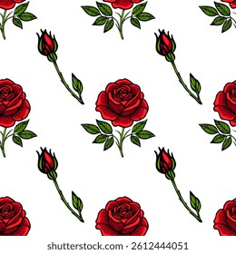 A seamless vector pattern featuring red roses and rosebuds on a white background. The design showcases detailed illustrations of blooming roses and closed rosebuds with green leaves.