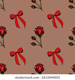 A seamless vector pattern featuring red roses and red bows on a brown background. The design is vibrant and playful, suitable for textiles or wrapping paper.