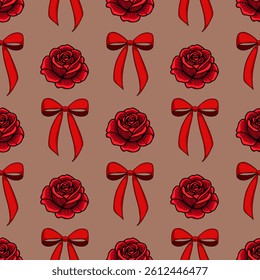 A seamless vector pattern featuring red roses and red bows on a beige background, ideal for romantic themes and decorative purposes.