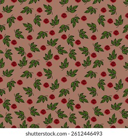 A seamless vector pattern featuring red roses and green leaves on a brown background. The design is vibrant and floral, suitable for textiles or wallpaper.