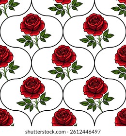A seamless vector pattern featuring red roses with green leaves on a white background, arranged in an elegant geometric design.