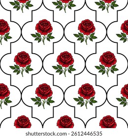 A seamless vector pattern featuring red roses with green leaves on a white background, framed by black outlines in an elegant design.