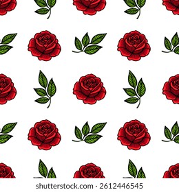 A seamless vector pattern featuring red roses and green leaves on a white background. The roses are detailed with petals and shading, while the leaves are vibrant and stylized.