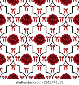A seamless vector pattern featuring red roses and bows on a white background. The design is elegant and floral, suitable for textiles or wallpaper.
