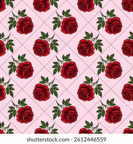 A seamless vector pattern featuring red roses with green leaves on a light pink background, arranged in a diamond grid layout.
