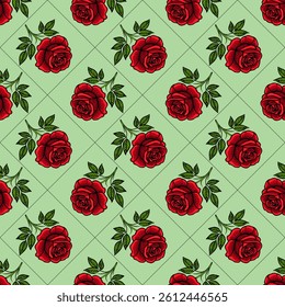 A seamless vector pattern featuring red roses with green leaves on a light green background, arranged in a grid layout.
