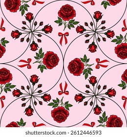 A seamless vector pattern featuring red roses and green leaves, intertwined with red ribbons on a soft pink background. The design is symmetrical and floral, ideal for textiles or wallpaper.