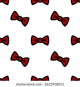 A seamless vector pattern featuring red bow ties on a white background. The bow ties are outlined in black, creating a playful and festive design.